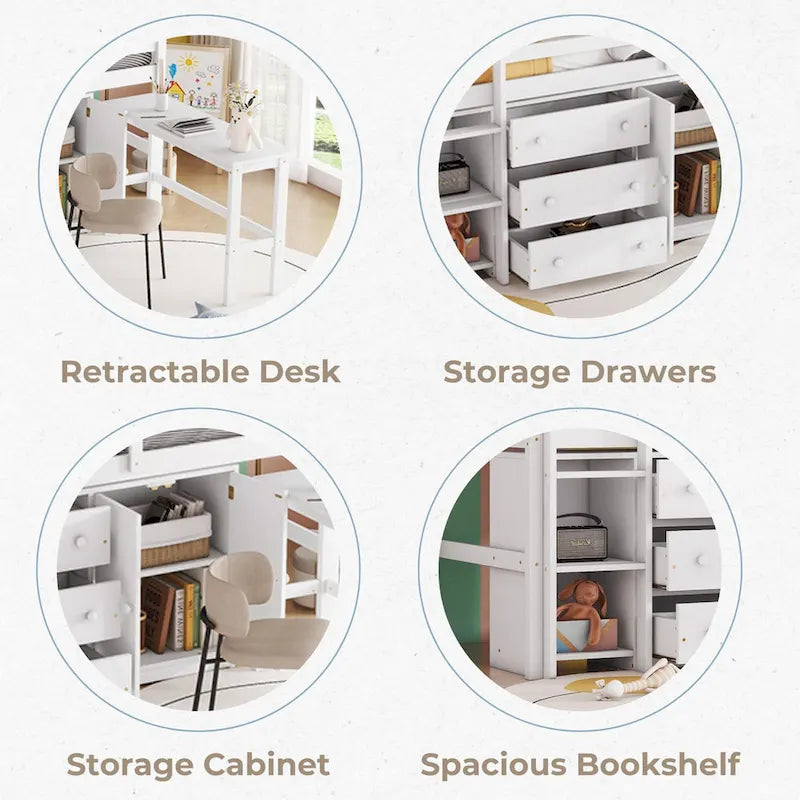 Lit mezzanine bas en bois pour une personne, blanc, avec bureau coulissant et étagères
