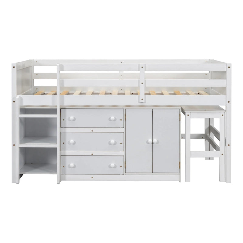 Lit mezzanine bas en bois pour une personne, blanc, avec bureau coulissant et étagères