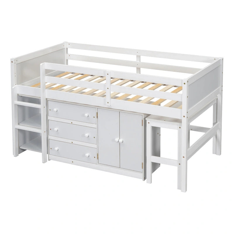 Lit mezzanine bas en bois pour une personne, blanc, avec bureau coulissant et étagères