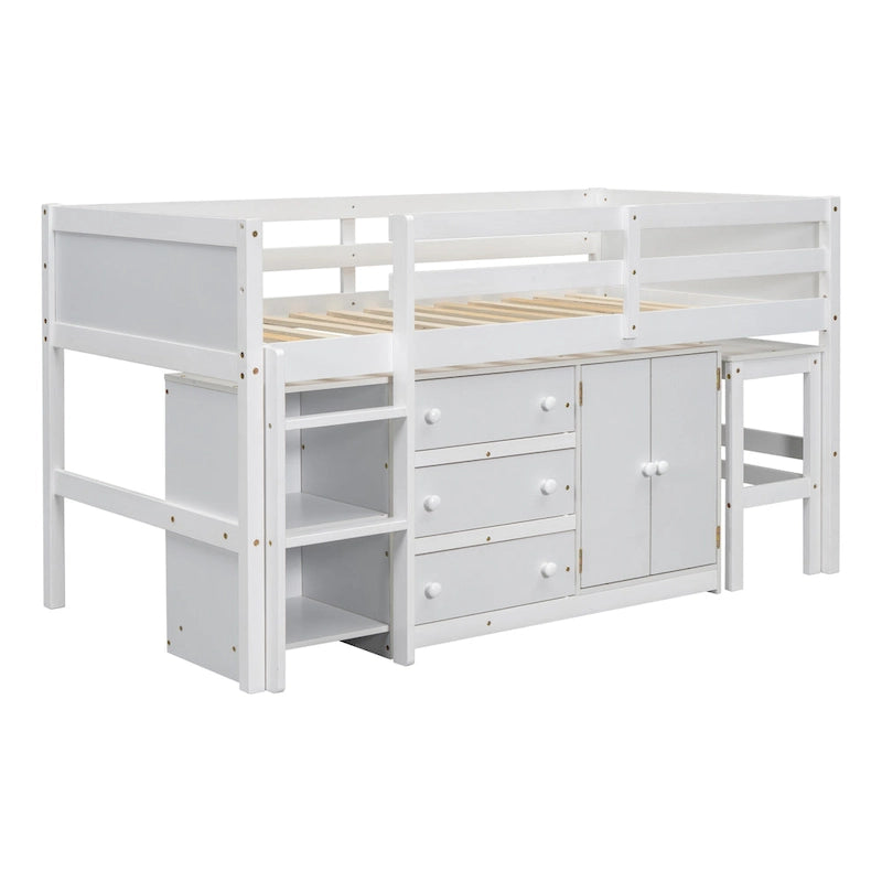 Lit mezzanine bas en bois pour une personne, blanc, avec bureau coulissant et étagères