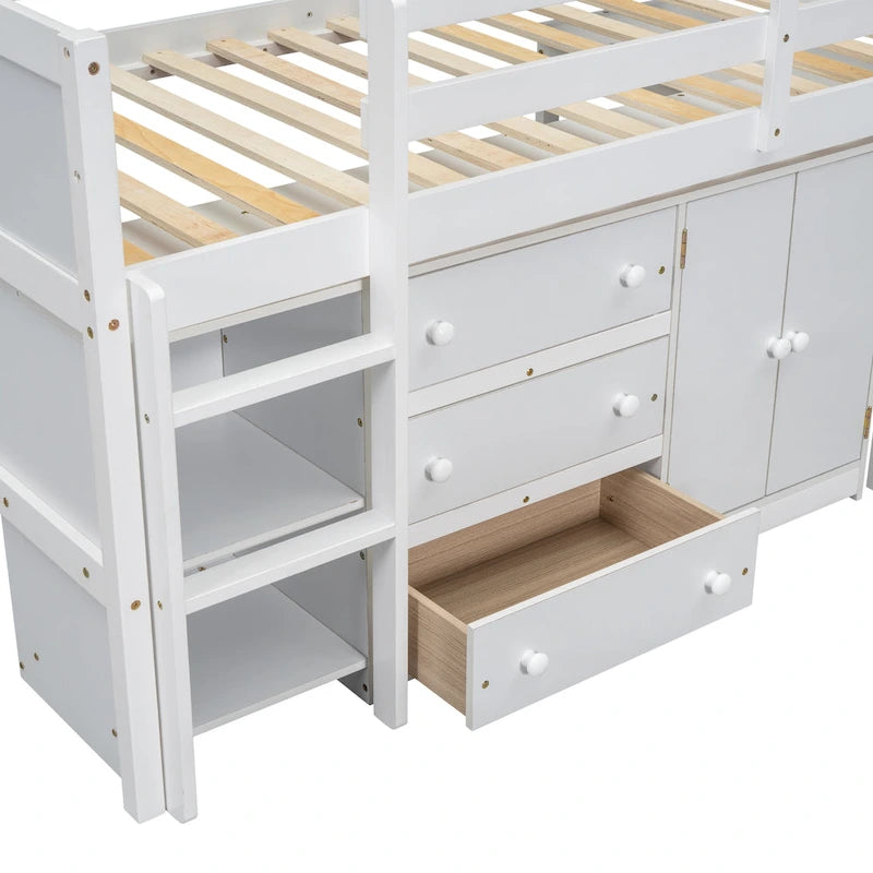 Lit mezzanine bas en bois pour une personne, blanc, avec bureau coulissant et étagères