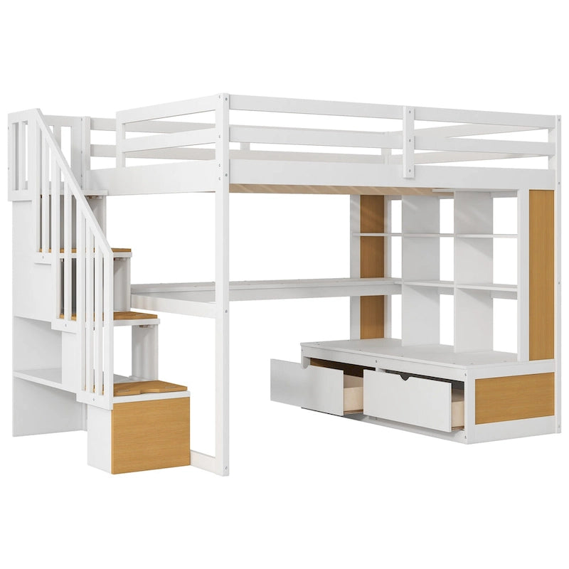 Lit mezzanine pleine grandeur en bois massif, naturel et blanc, avec bureau, étagères et tiroirs