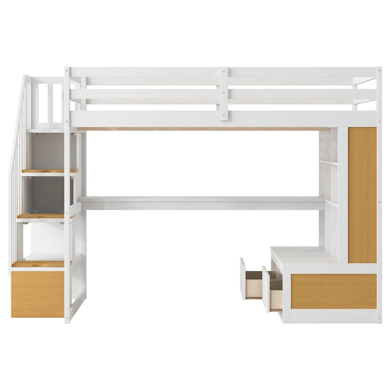 Lit mezzanine pleine grandeur en bois massif, naturel et blanc, avec bureau, étagères et tiroirs