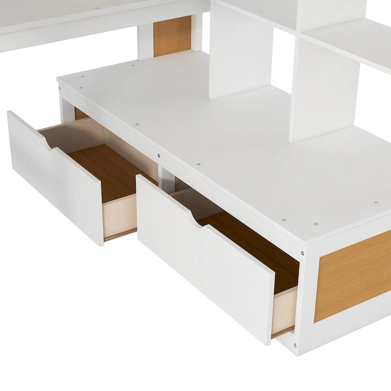 Lit mezzanine pleine grandeur en bois massif, naturel et blanc, avec bureau, étagères et tiroirs