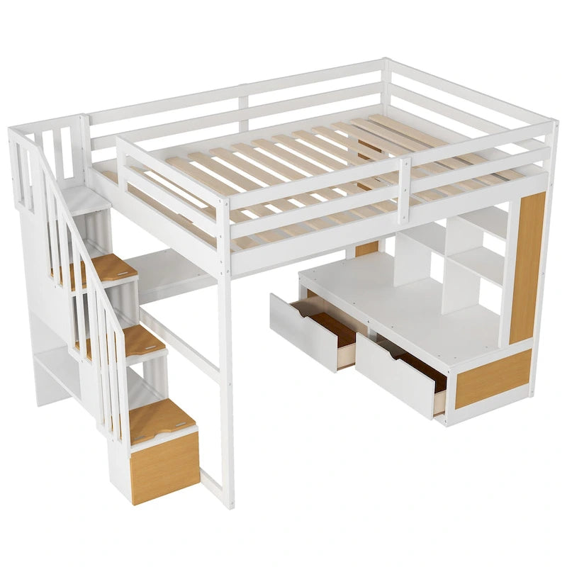 Lit mezzanine pleine grandeur en bois massif, naturel et blanc, avec bureau, étagères et tiroirs