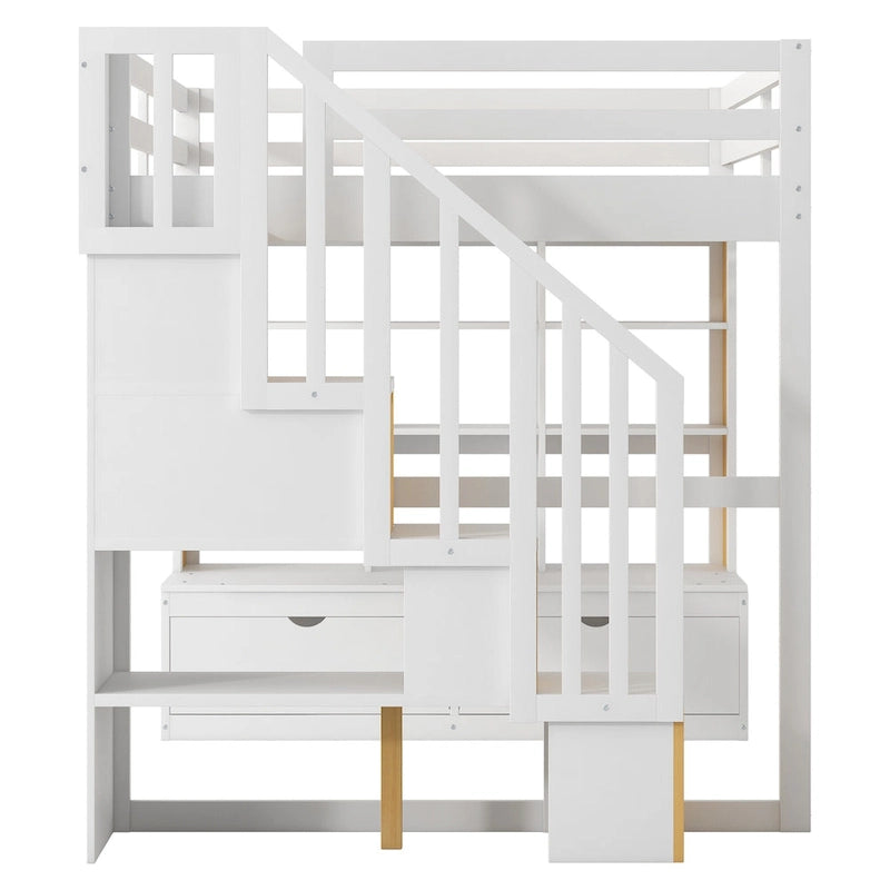 Lit mezzanine pleine grandeur en bois massif, naturel et blanc, avec bureau, étagères et tiroirs