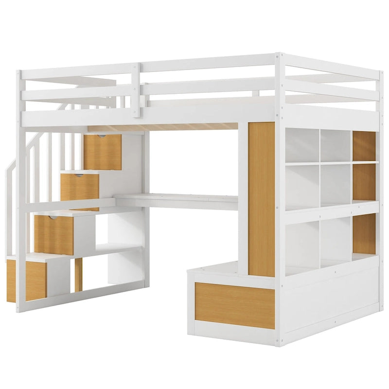 Lit mezzanine pleine grandeur en bois massif, naturel et blanc, avec bureau, étagères et tiroirs