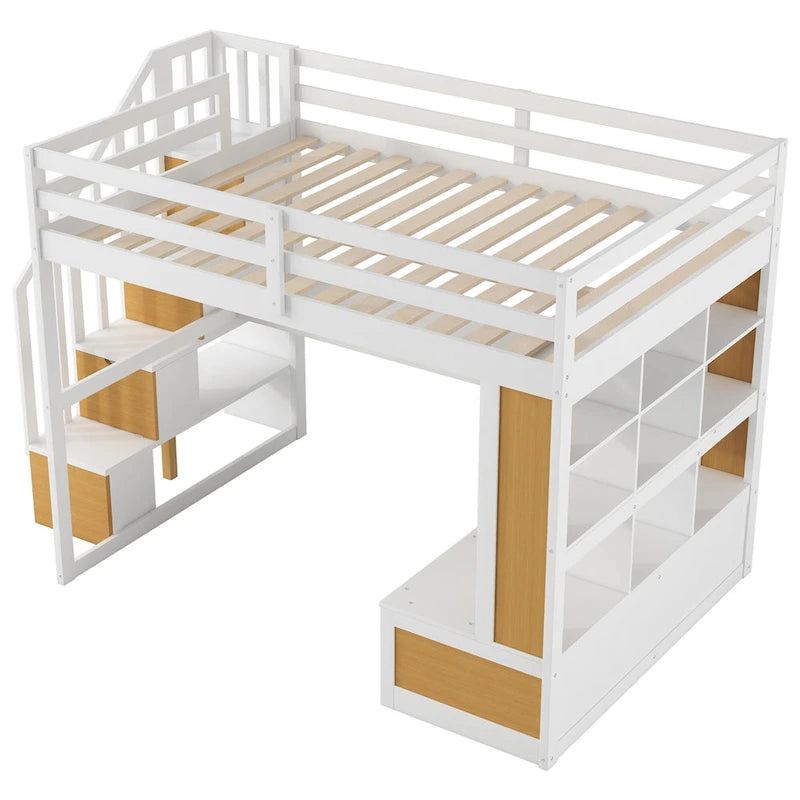 Lit mezzanine pleine grandeur en bois massif, naturel et blanc, avec bureau, étagères et tiroirs