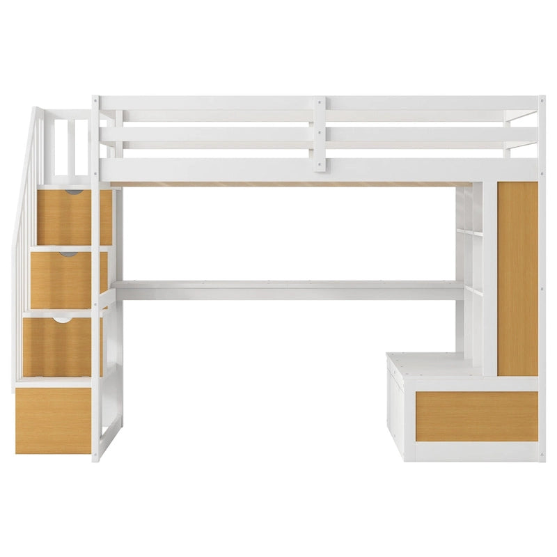Lit mezzanine pleine grandeur en bois massif, naturel et blanc, avec bureau, étagères et tiroirs