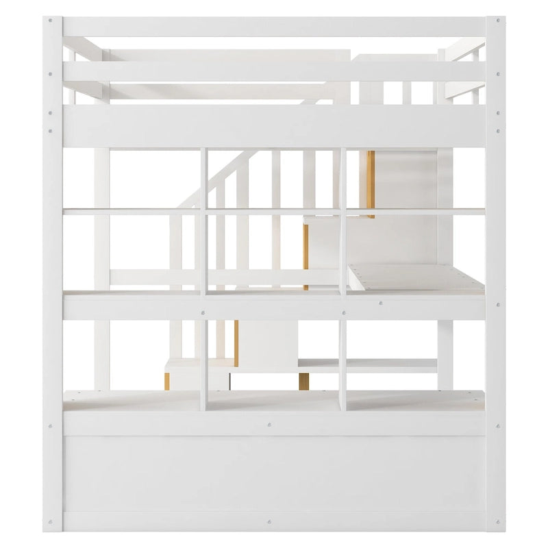Lit mezzanine pleine grandeur en bois massif, naturel et blanc, avec bureau, étagères et tiroirs