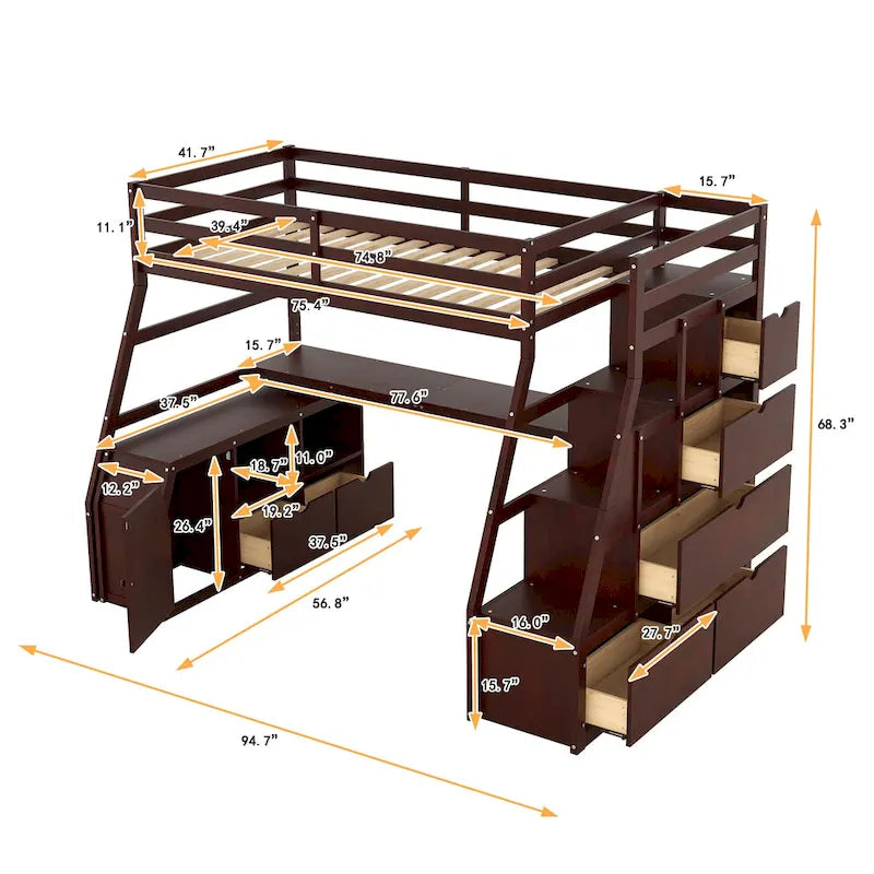 Lit mezzanine deux places avec bureau et rangements