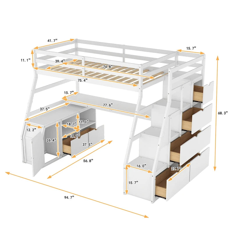 Lit mezzanine deux places avec bureau et rangements