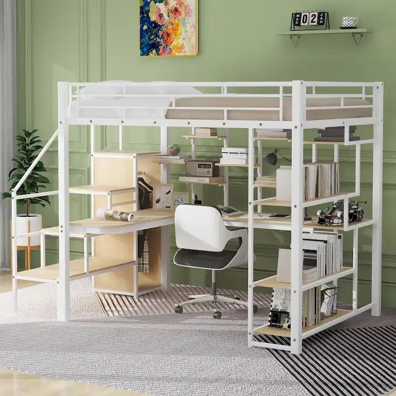 Lit mezzanine blanc tout métal avec escalier de rangement et armoire