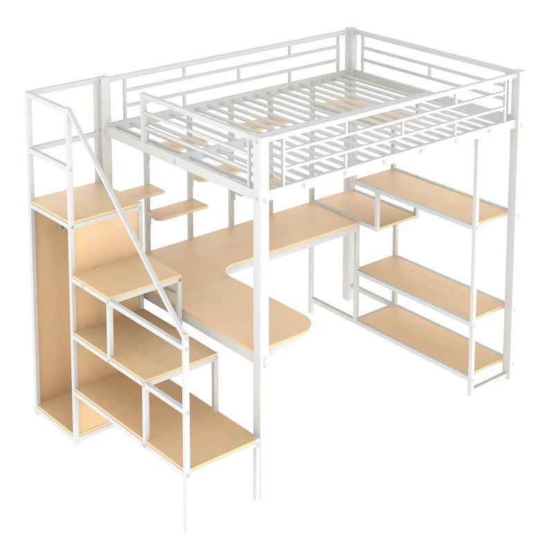 Lit mezzanine blanc tout métal avec escalier de rangement et armoire