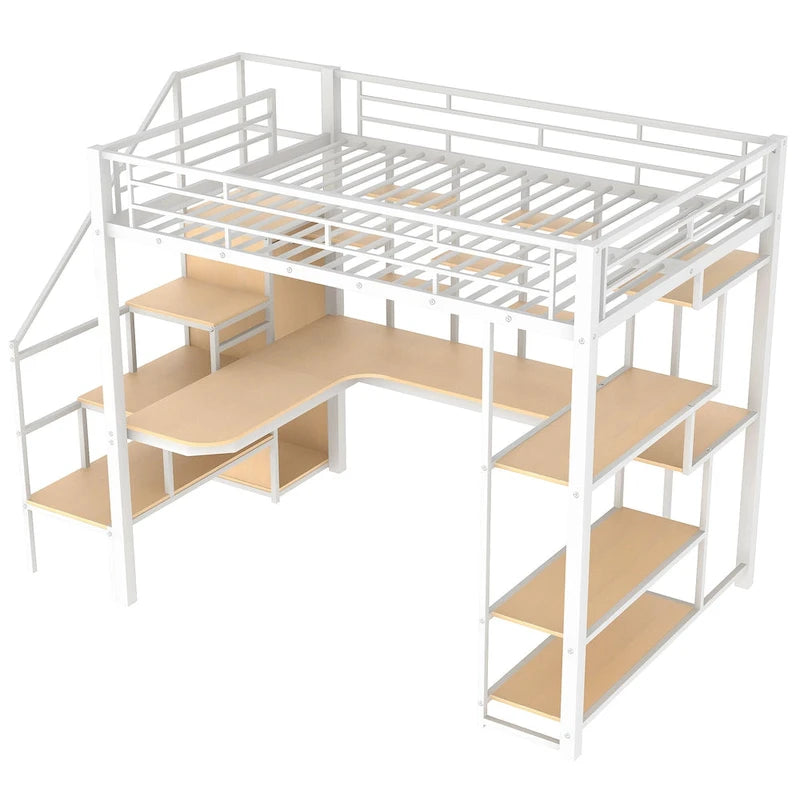 Lit mezzanine blanc tout métal avec escalier de rangement et armoire