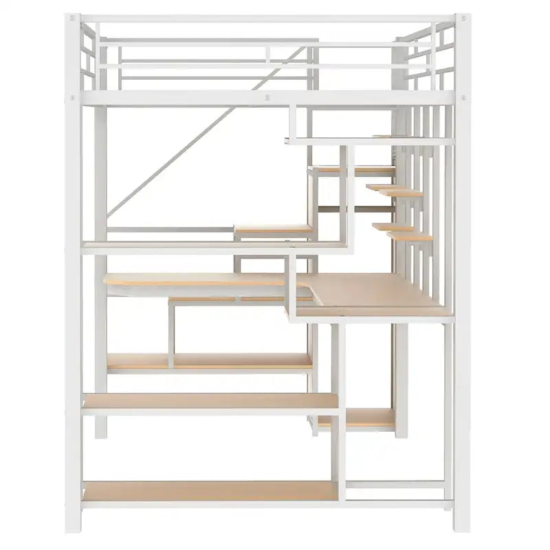 Lit mezzanine blanc tout métal avec escalier de rangement et armoire