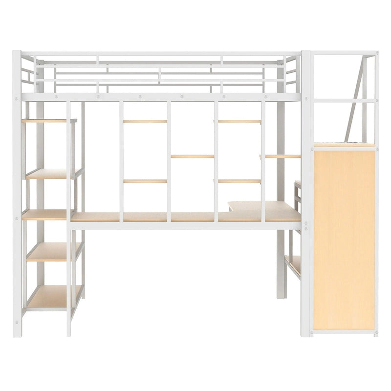 Lit mezzanine blanc tout métal avec escalier de rangement et armoire