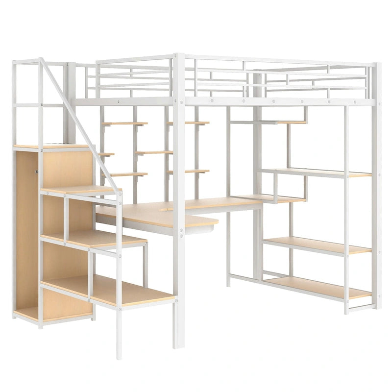 Lit mezzanine blanc tout métal avec escalier de rangement et armoire