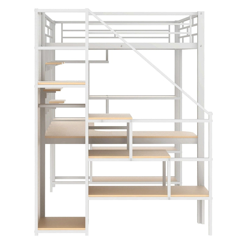 Lit mezzanine blanc tout métal avec escalier de rangement et armoire
