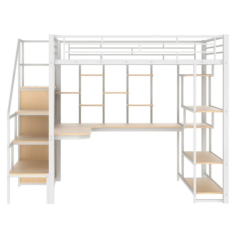 Lit mezzanine blanc tout métal avec escalier de rangement et armoire