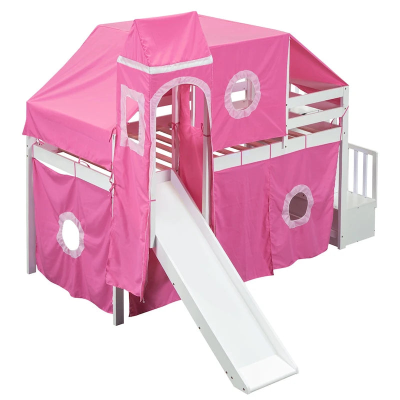 Lit mezzanine deux places avec escalier, toboggan, tente, tour et barrière de sécurité