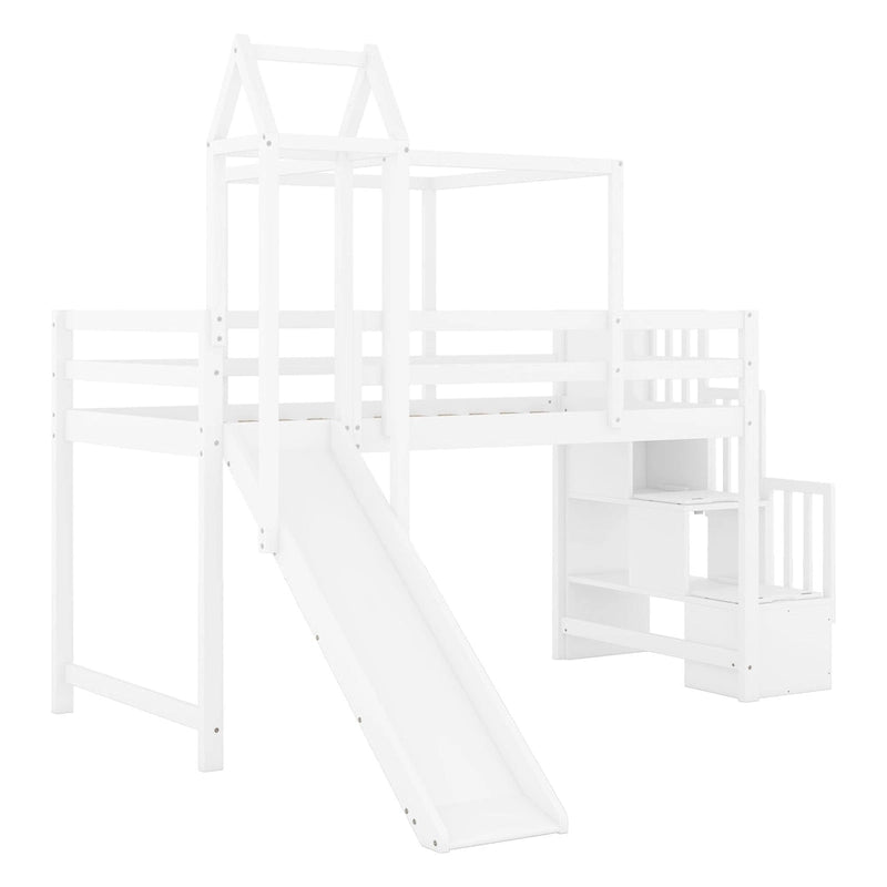 Lit mezzanine deux places avec escalier, toboggan, tente, tour et barrière de sécurité