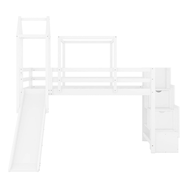 Lit mezzanine deux places avec escalier, toboggan, tente, tour et barrière de sécurité