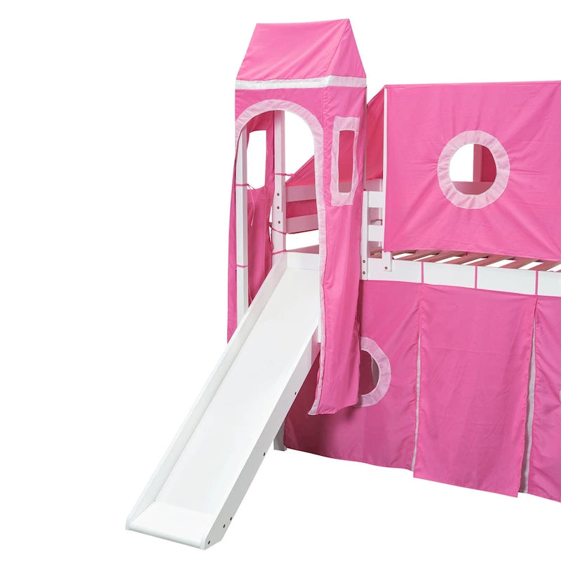 Lit mezzanine deux places avec escalier, toboggan, tente, tour et barrière de sécurité