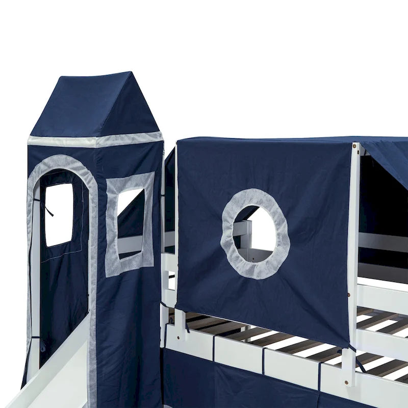 Lit mezzanine deux places avec escalier, toboggan, tente, tour et barrière de sécurité