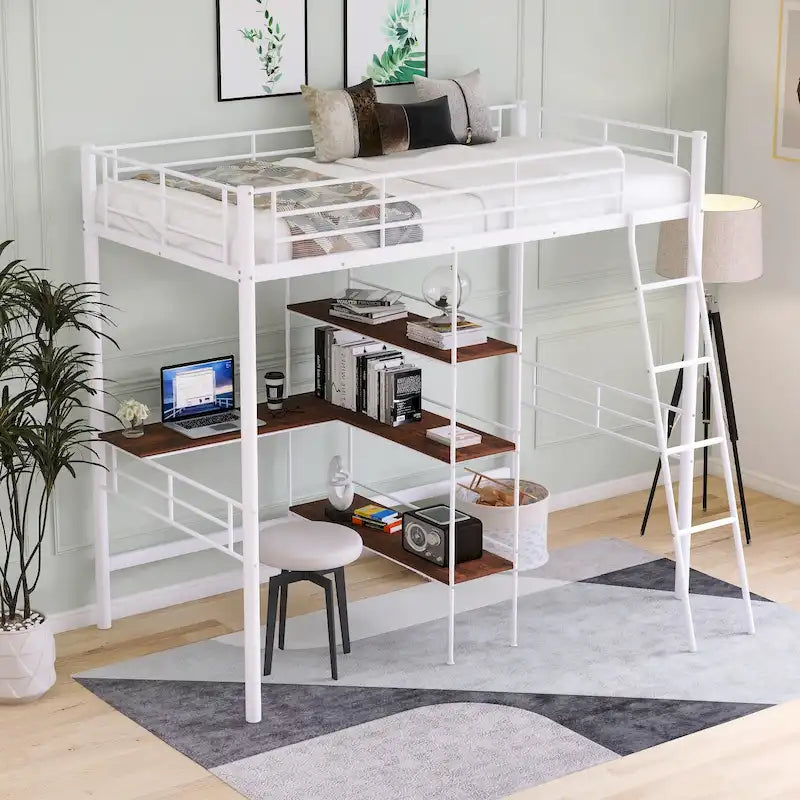 Lit mezzanine bas pour enfant, blanc, avec échelle et barrière de sécurité