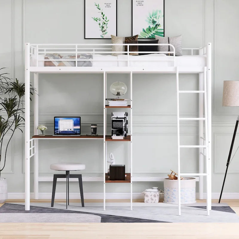 Lit mezzanine bas pour enfant, blanc, avec échelle et barrière de sécurité