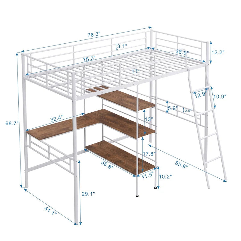 Lit mezzanine bas pour enfant, blanc, avec échelle et barrière de sécurité