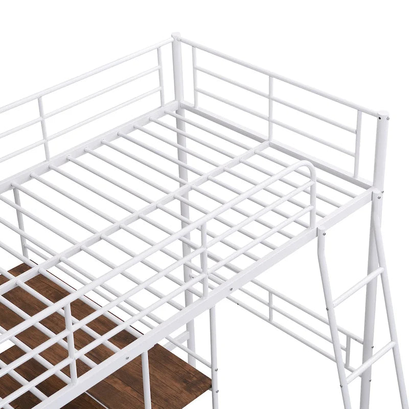 Lit mezzanine bas pour enfant, blanc, avec échelle et barrière de sécurité