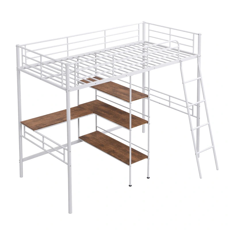 Lit mezzanine bas pour enfant, blanc, avec échelle et barrière de sécurité
