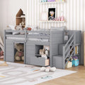 Lit mezzanine gris en bois pour une personne avec étagères de rangement, tiroirs et bureau