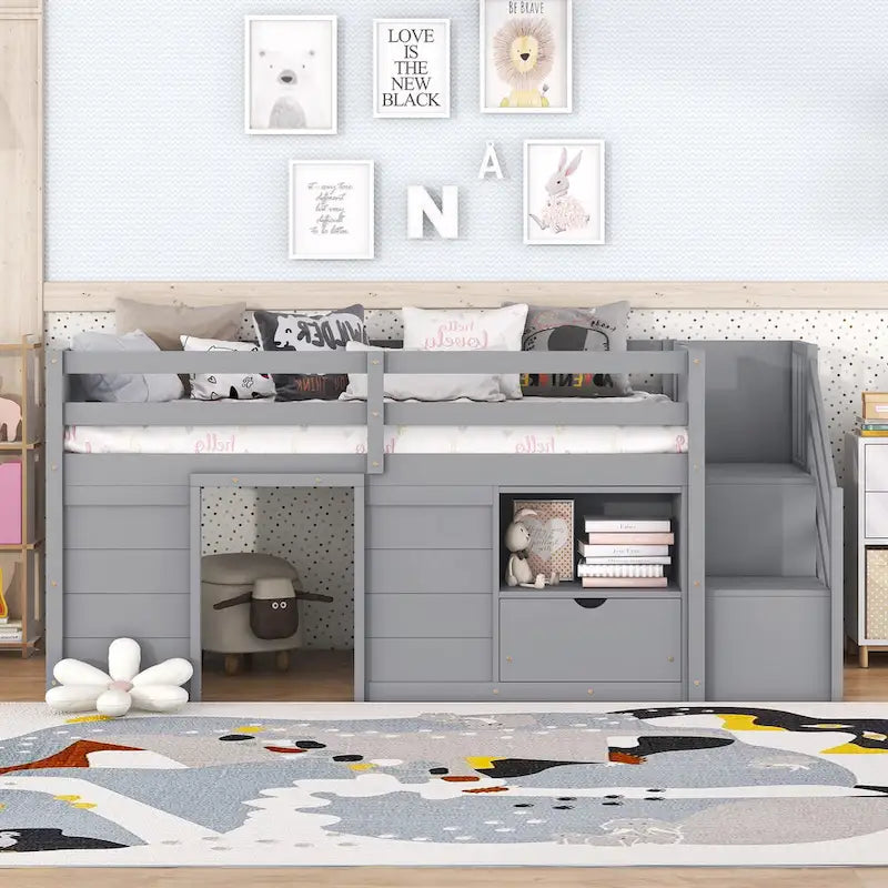 Lit mezzanine gris en bois pour une personne avec étagères de rangement, tiroirs et bureau