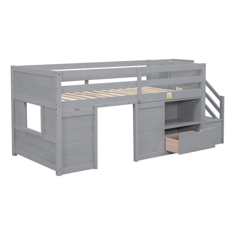 Lit mezzanine gris en bois pour une personne avec étagères de rangement, tiroirs et bureau