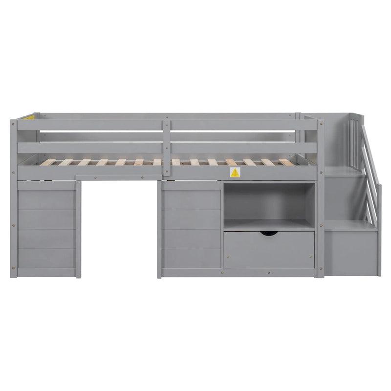 Lit mezzanine gris en bois pour une personne avec étagères de rangement, tiroirs et bureau