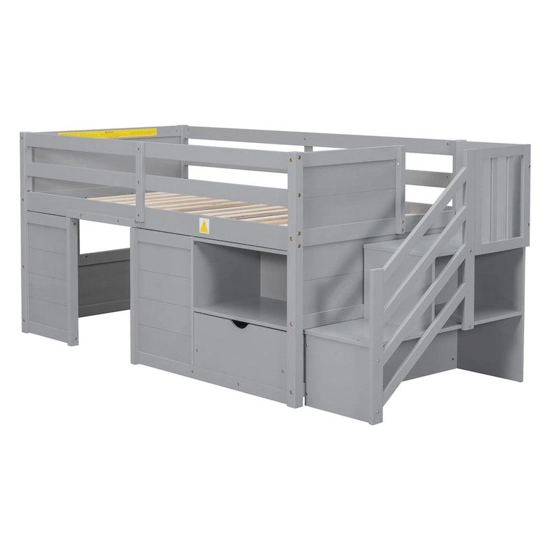 Lit mezzanine gris en bois pour une personne avec étagères de rangement, tiroirs et bureau