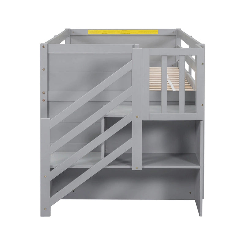 Lit mezzanine gris en bois pour une personne avec étagères de rangement, tiroirs et bureau