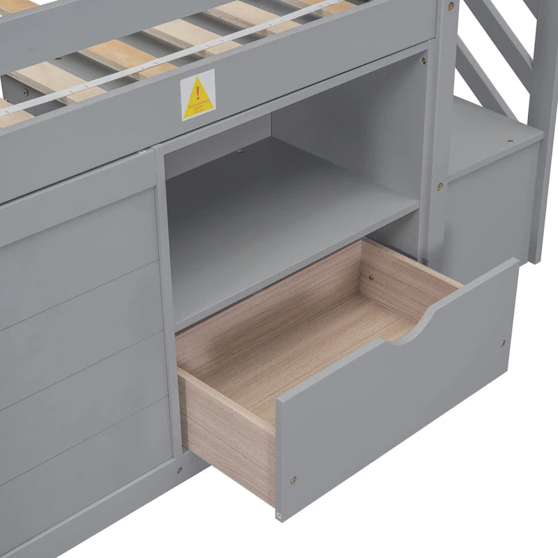 Lit mezzanine gris en bois pour une personne avec étagères de rangement, tiroirs et bureau