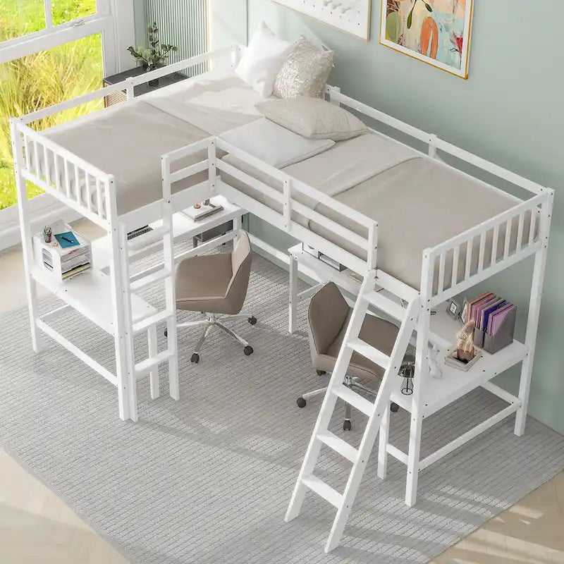 Lit mezzanine en L pour deux personnes avec bureaux