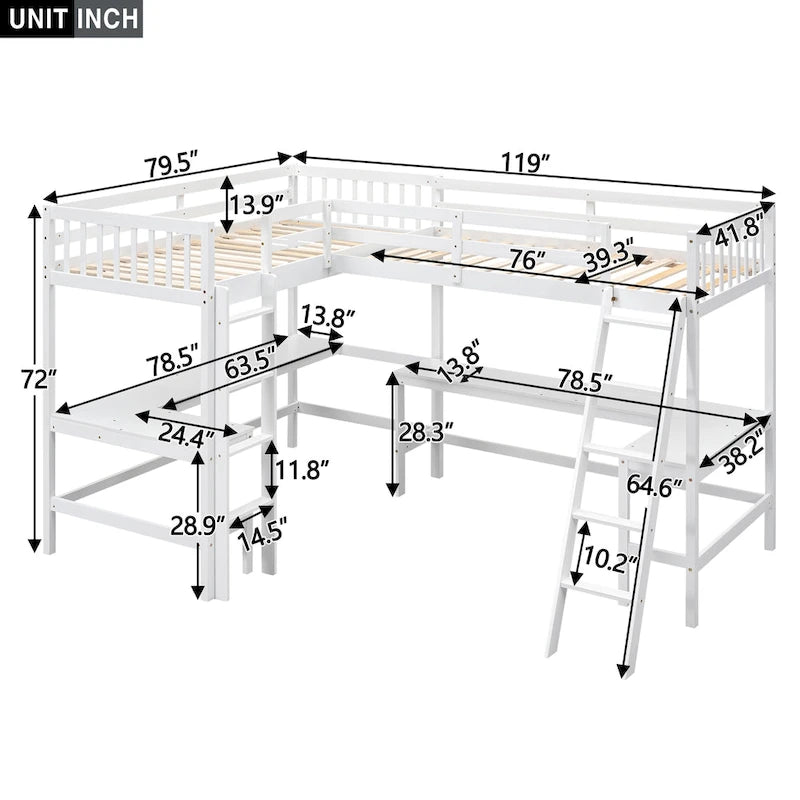 Lit mezzanine en L pour deux personnes avec bureaux