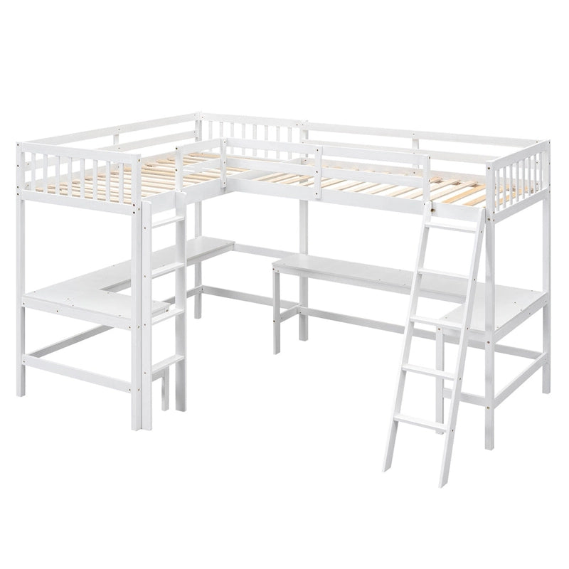 Lit mezzanine en L pour deux personnes avec bureaux