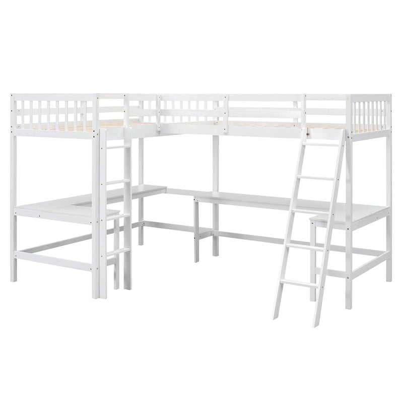 Lit mezzanine en L pour deux personnes avec bureaux