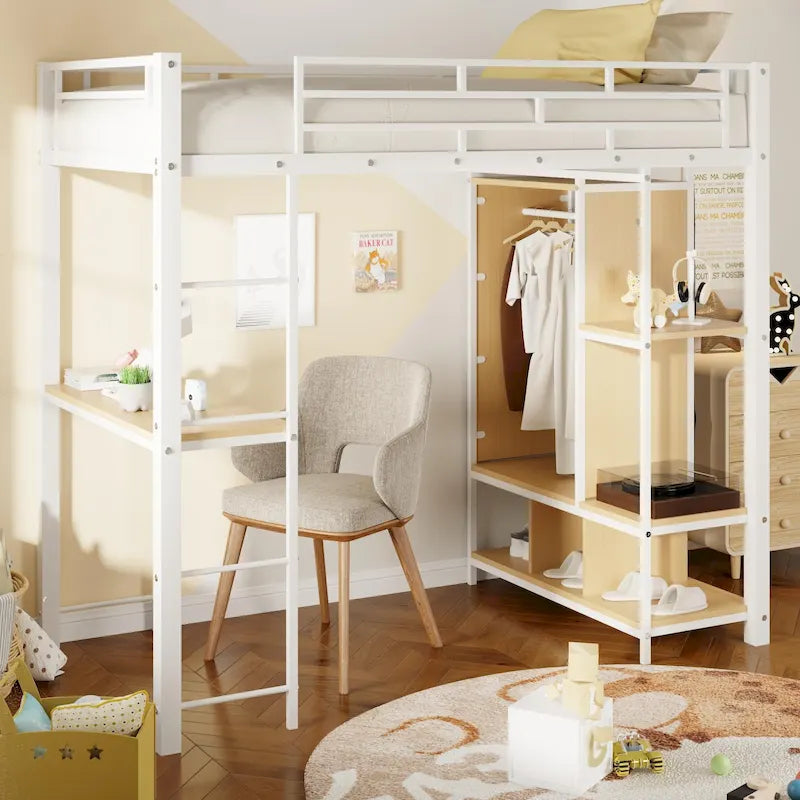 Lit mezzanine en métal pour une personne avec armoire et bureau intégrés