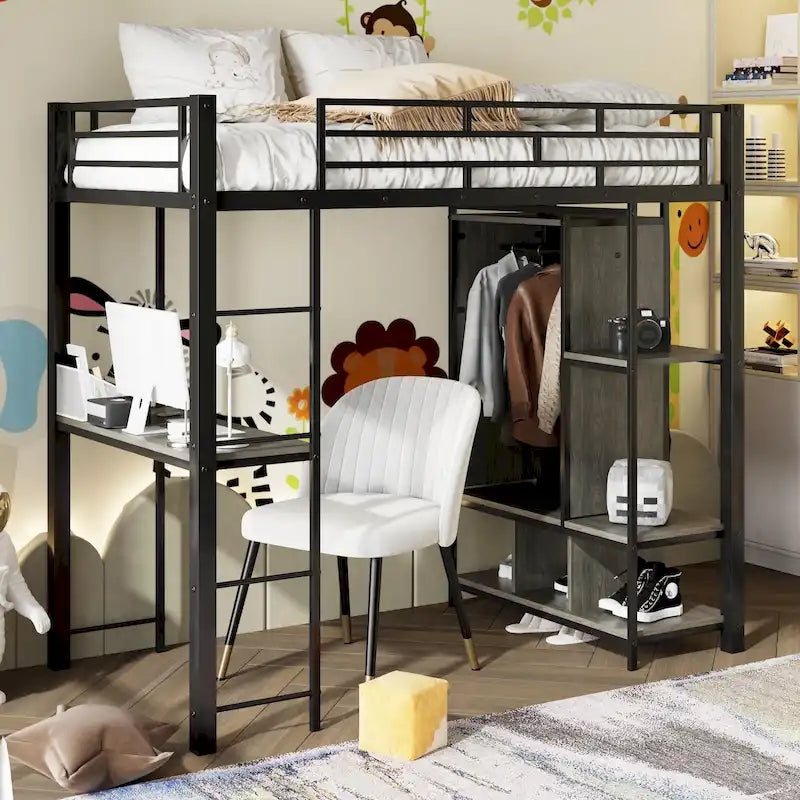 Lit mezzanine en métal pour une personne avec armoire et bureau intégrés