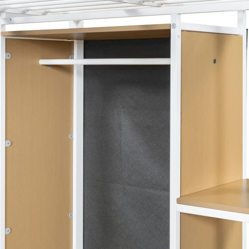 Lit mezzanine en métal pour une personne avec armoire et bureau intégrés