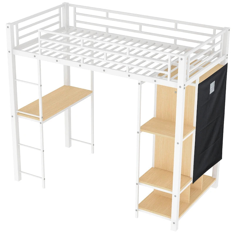 Lit mezzanine en métal pour une personne avec armoire et bureau intégrés