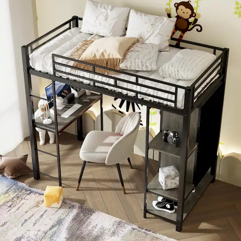 Lit mezzanine en métal pour une personne avec armoire et bureau intégrés